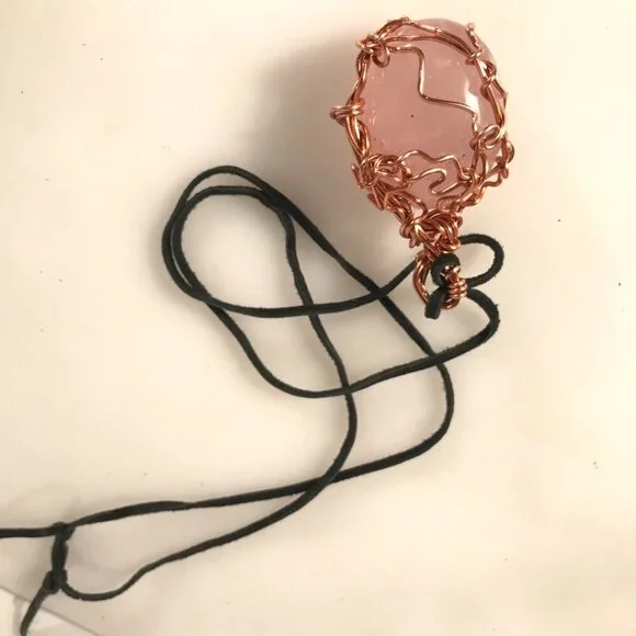 Rose Quartz Gemstone Solid Copper Pendant Unisex Genuine Leather Necklace Reiki